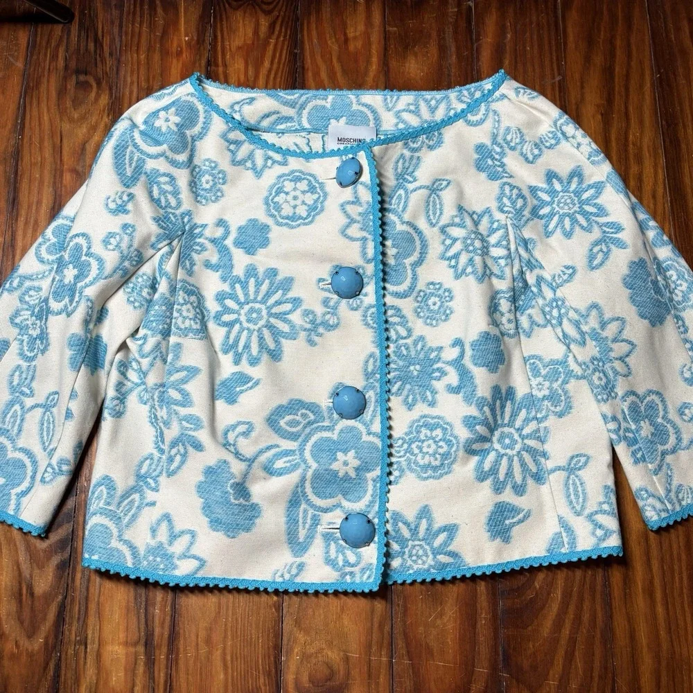 Moschino Cheap & Chic floral jacquard cropped jacket Ivory Blue Sz 8 A1561